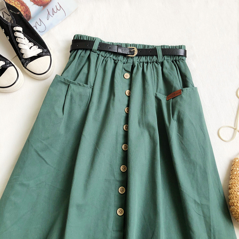 PEONFLY Autumn Korean Casual Cotton Midi Long Skirt Women Button Pocket Belt A Line High Waist Midlength Skirt Female 220701