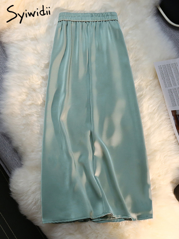 Syiwidii Silk Satin Long Skirts for Women 4 Seasons Elegant Female Midi A Line Skirt Side Zipper Back Elastic Band Fashion Skirt 220701