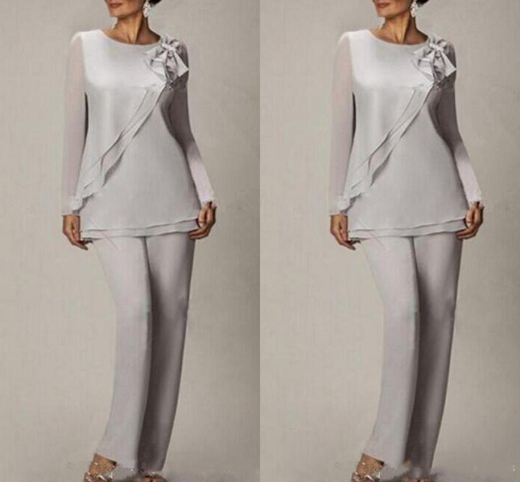 Silver Chiffon Summer Mother Of the Bride Pant Suits Two Pieces Long Sleeves Plus Size Wedding Mothers Guest Dress Custom Made