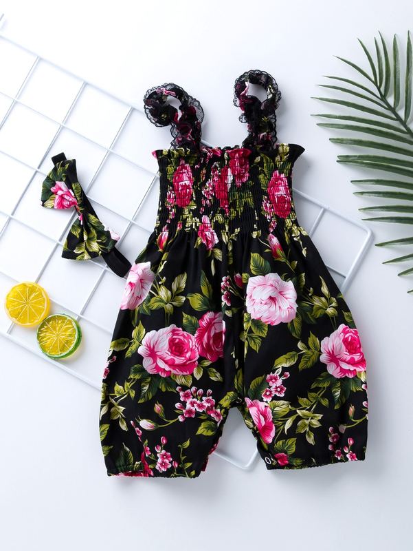 Baby girl flower pleated upper body suspender, Jumpsuit shorts and hair belt SHE