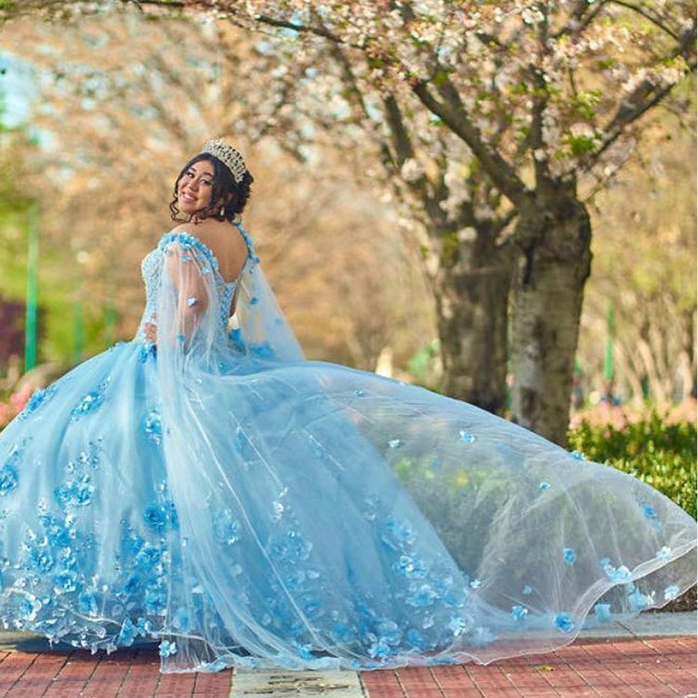 Sky Blue Off Shoulder Quinceanera Dress With Cape Princess Beaded 3D Flowers lace-up corset Pageant Birthday prom Party Sweet 16 15 gown