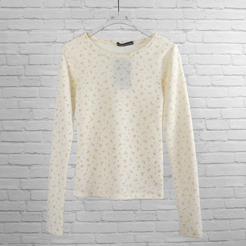 Floral Print Slim T-shirt Women Summer Casual Soft Round Neck Long Sleeve Tee Shirt Female Vintage Chic Boho Waffle Tops 220328