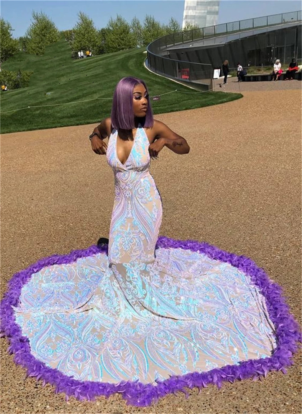 African Colorful Halter Long Prom Dress For Balck Girls 2022 Sequined Birthday Party Gowns Purple Feathers Robe De Soirée Femme