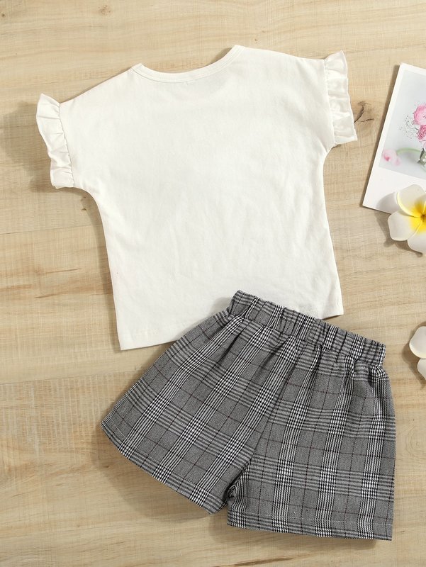 Toddler Girls Figure Graphic Ruffle Sleeve Tee & Plaid Bow Shorts SHE