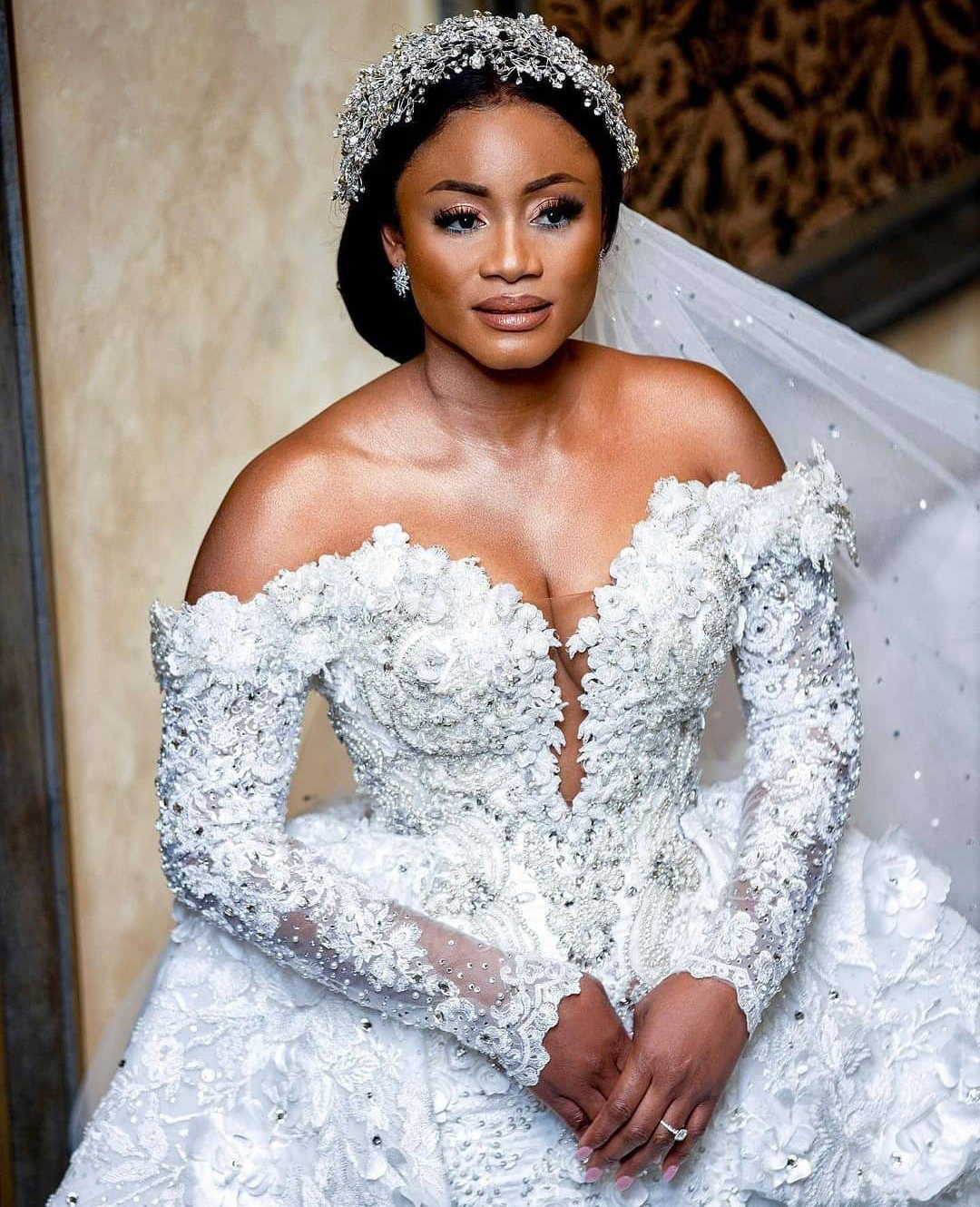 Modest Mermaid Wedding Dress Cascading Ruffles Full Beads 3D Floral Flower Bridal Gowns Saudi Arabic Luxury vestido de novia