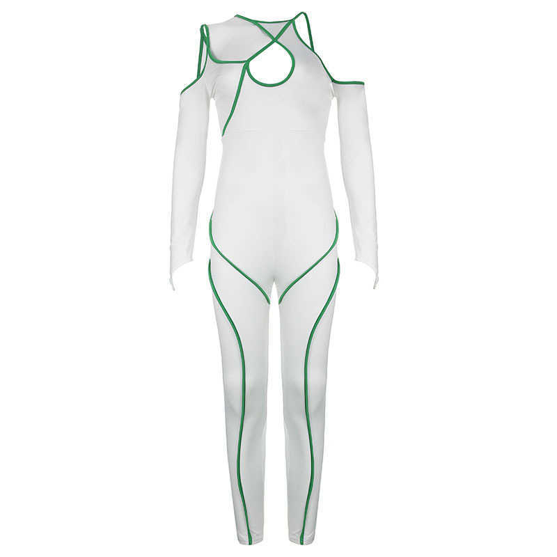 2022 women's stripe contrast color inexpensive color suspender long sleeve tight personality street fashion one-piece small leg pants