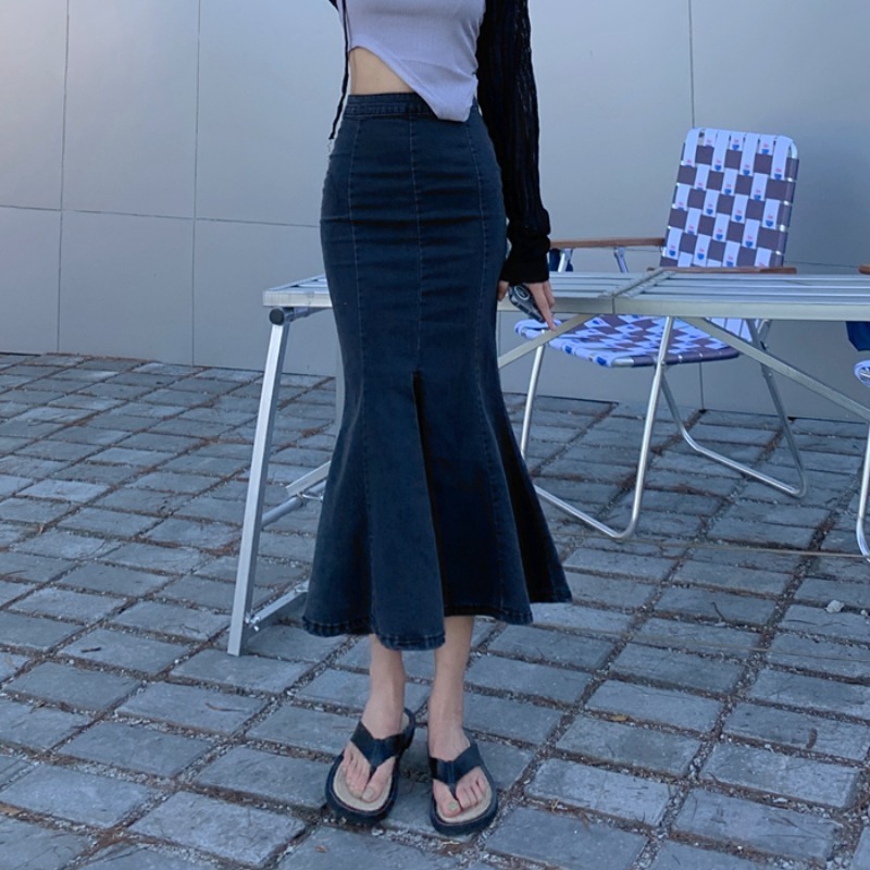 Faldas Mujer Moda Vintage Wrap Hip High Waist Black Denim Skirt Mermaid Split Plus Size Streetwear Trumpet Wild Sexy 220322