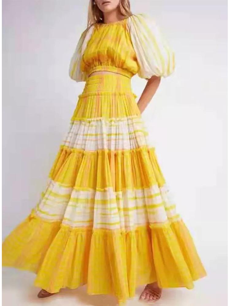 Work Dresses Summer Style Polka Dot Striped One-word Collar Short Sleeve Navel Shirt Elastic Waist Big Swing Long Skirt Women' SuitWork, Yellow
Work Dresses Summer Style Polka Dot Striped One-word Collar Short Sleeve Navel Shirt Elastic Waist Big Swing Long Skirt Women' SuitWork, Yellow
