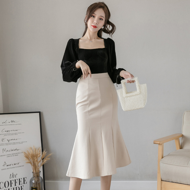 Women High Waist Midi Skirts Plus Size Ruffles Black Khaki Beige Office OL Skirt Fashion Package Hip Mermaid Womens 220317