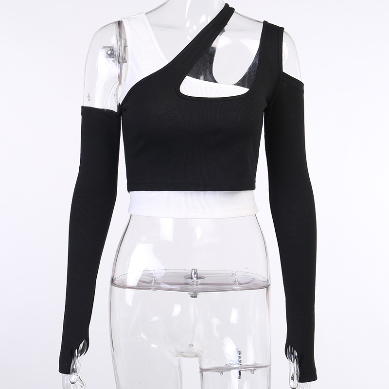Yedinas Punk Fashion Black White Patchwork Tops Long Sleeve Crop Female Harajuku Grunge Off Shoulder Bodycon Autumn 220328