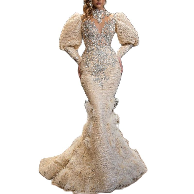 Luxurious Mermaid Prom Dresses Sexy V Neck Long Sleeves Sequins Embroidery Appliques Beads Feather Lace Floor Length Plus Size Formal Party Gowns Cust