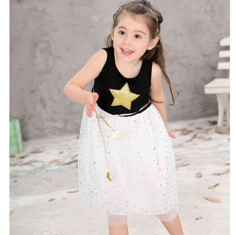 White Black Summer Kids Girl Dresses Gold Star Baby Clothes Casual Cute Lovely Cotton Voile Party Children Tutu Dress for Girls Y220510