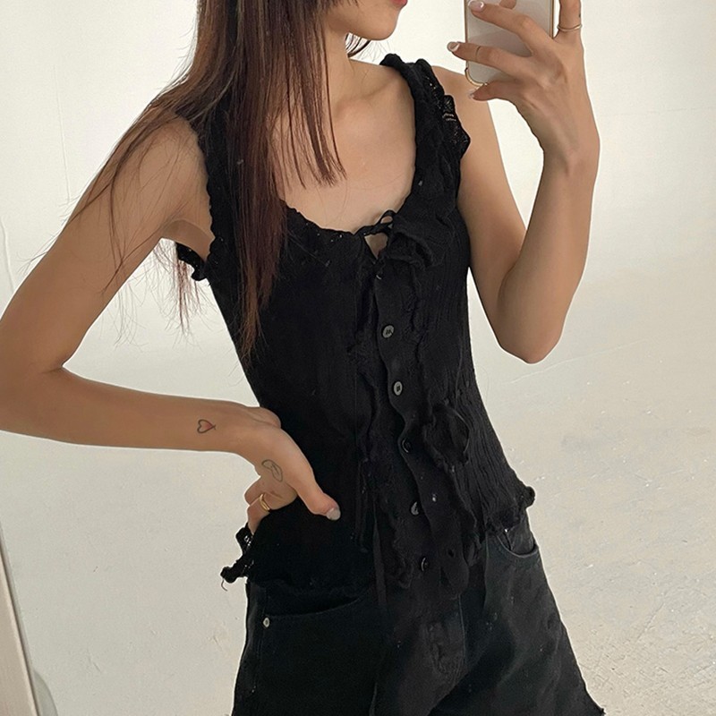 Karrram Casual Solid Vest For Women V Neck Sleeveless Patchwork Lace Up Bowknot Slim Tank Top Female Summer Fashion Stylish 220325