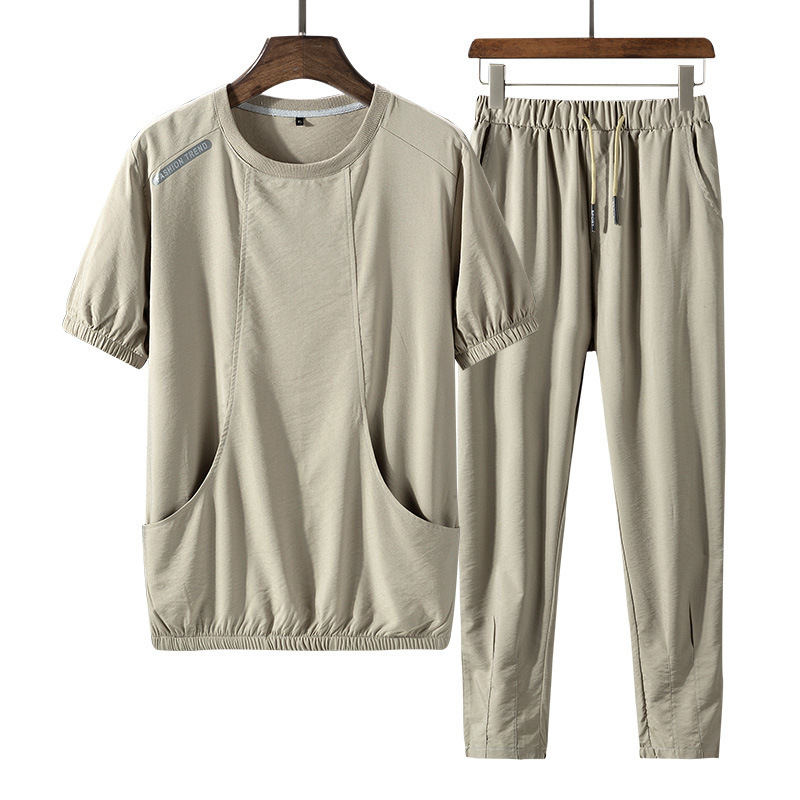 Mens Sports Leisure Suit Ice Silk Summer Korean Trend Shortsleeved Fashion Mens Clothing 220611