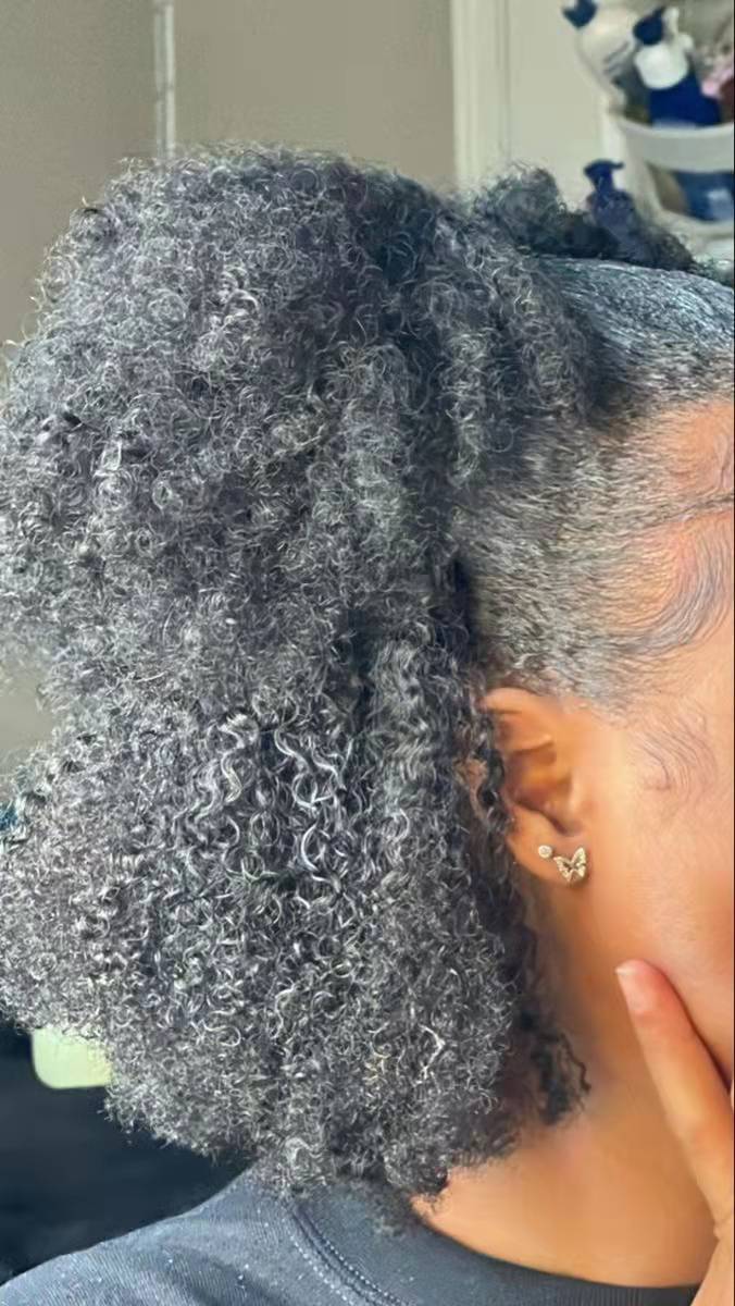 Kinky curly grey human hair drawstring ponytail clip in silver hair ombre brown pony tail updo women 3c 4a afro puff gray extension