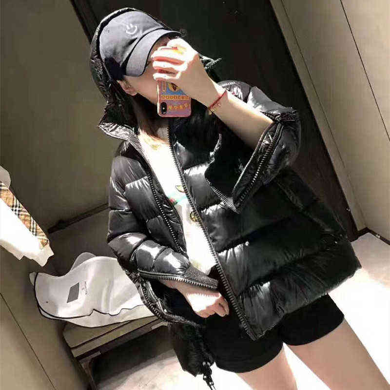 Qingwen New Shiny White Duck Down Jacket Women Lean Zipper Winter Fashion Loose Hooded Down Parka Thick Feather Buffer Jacket L220725