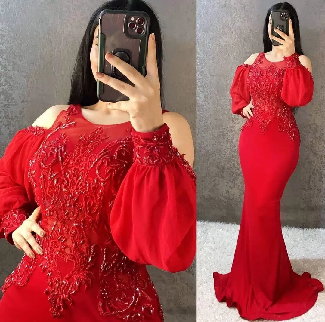Puff Chiffon Long Sleeve Evening Dresses Beaded Mermaid Formal Party Wear 2022 Crew Neck Sexy Prom Dress Illusion Special Occasion Gowns