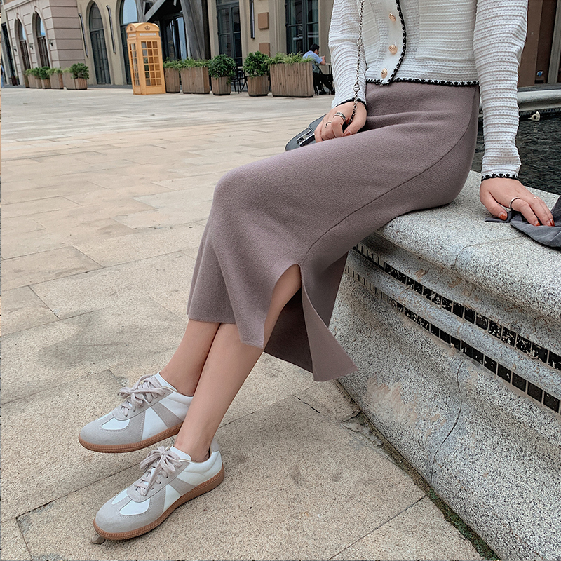 High Elastic Waist Women Long Skirt Knitted Pencil Wool Autumn Split s Female Black Winter Solid Knitting One-step 220322
