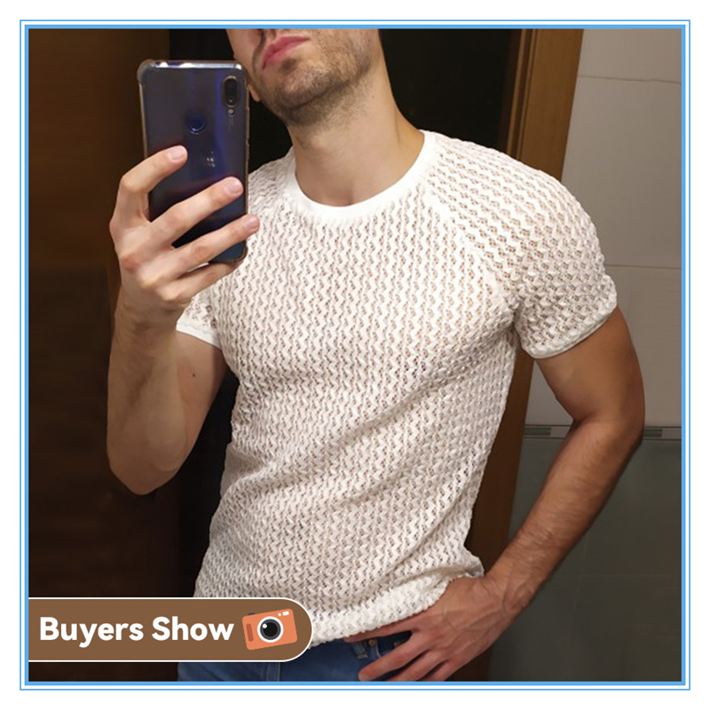 Men T Shirt Solid Color Hollow Out See Through Streetwear Short Sleeve O Neck Tops Vacation Casual Sexy Camisetas INCERUN 7 D220611