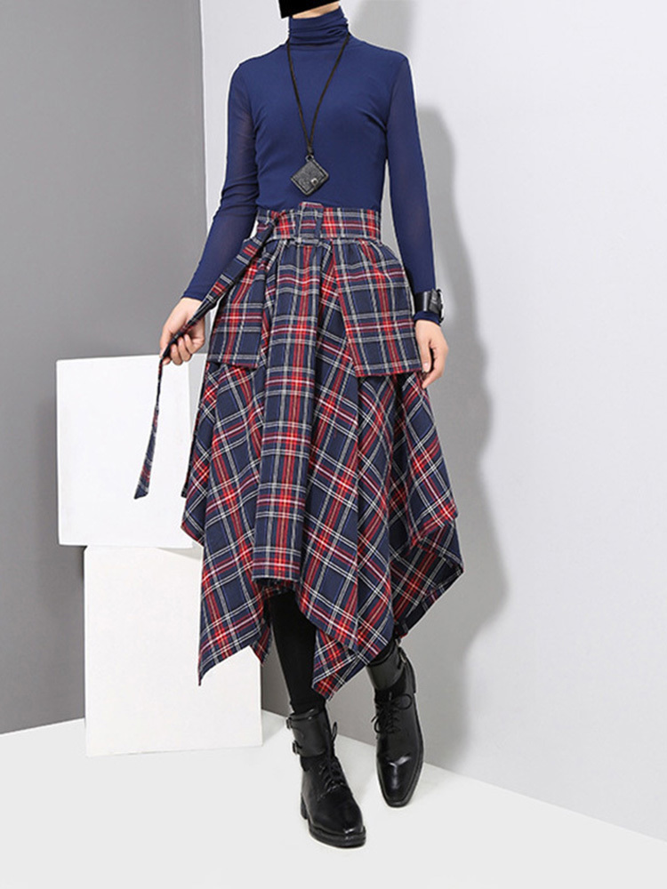 EAM Spring High Waist Red Plaid Split Joitn Loose Big Hem Halfbody Skirt Women Fashion Allmatch JD402 220701