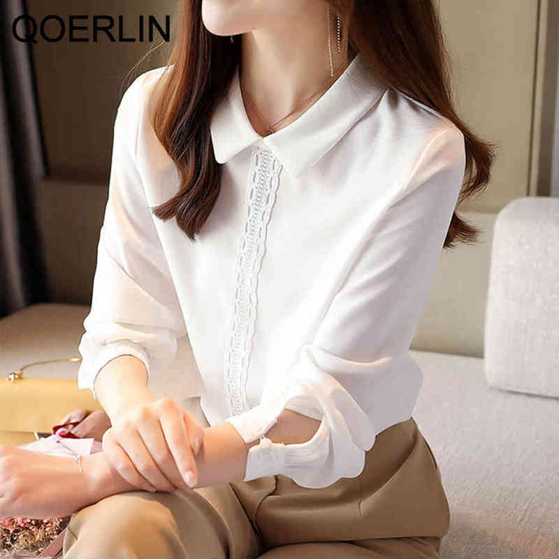 QoerliN White Blouse Women Fall Spring Long Sleeve Back Button Shirts Pulls Lantern Sleeve Workwear Elegant Tops Plus Size S2XL 210412