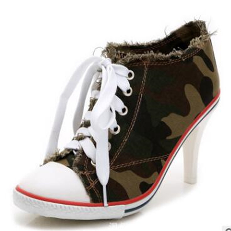 Women's Denim High Heels Rivets Shoes Female Canvas Pumps Lady's Boots Ankle Lace-Up Thick Heel and Thin 220328