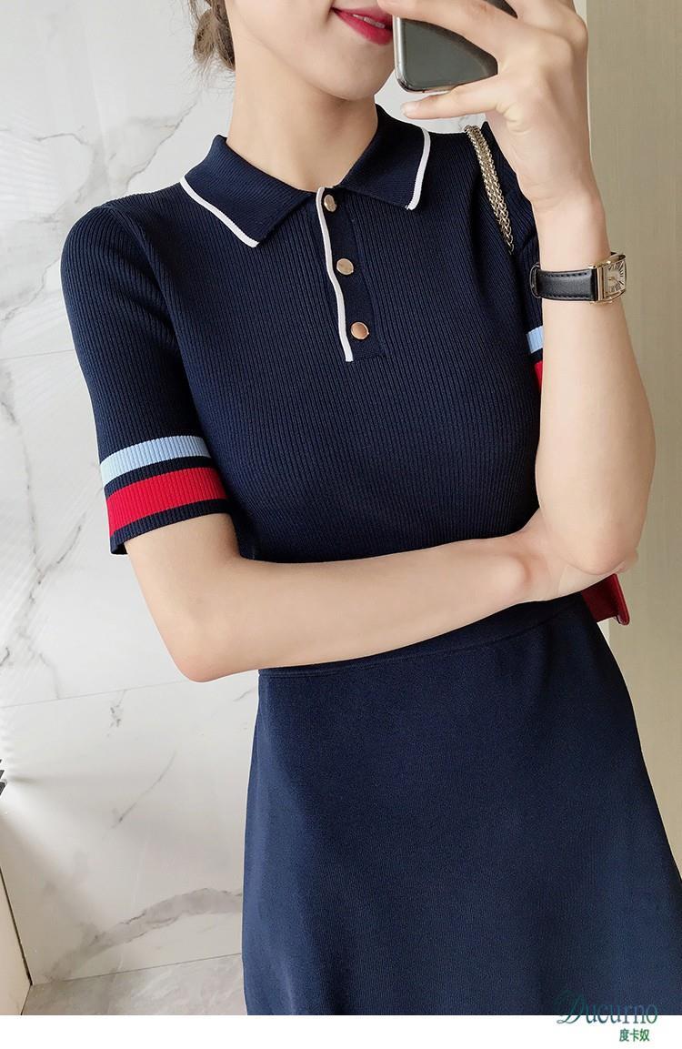 New Womens color block turn down collar short sleeve knitted a-line casual summer dress SMLXLXXL