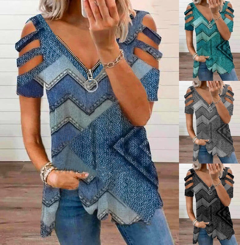 Summer Women Tops Tees Femme Off Shoulder T Shirts Zipper Casual Love Ruffles Short Sleeve Loose Sexy Boho Shirt 220530