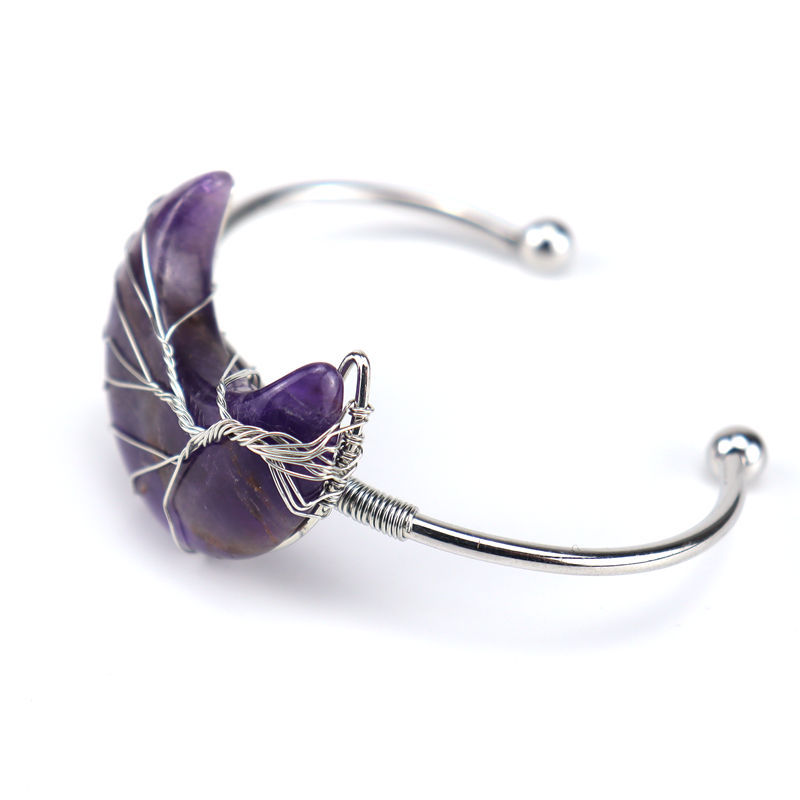 Wire Wrap Natural Stone Moon Tree of life Bracelet Amethyst Aventurine Pink Crystal Bangle Bracelets for Women Jewelry