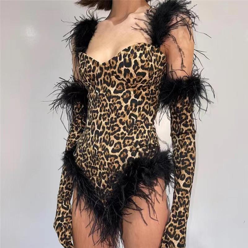 Stage Wear Female Gogo Dance Team Performance Clothes DJ Sexy Leopard Bodysuit Furry Feather Gloves Rave Outfits Bar Pole CostumeStage