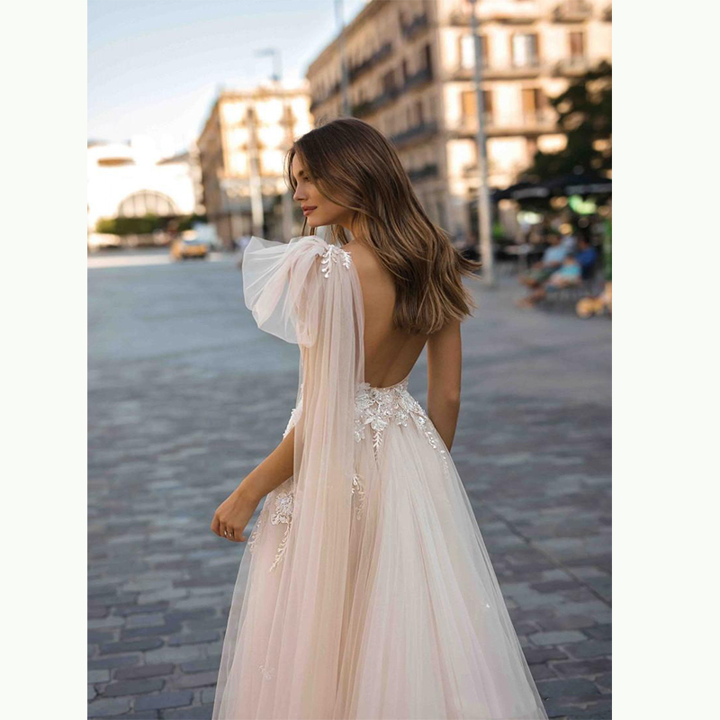 Sexy A-line Wedding Dresses Deep Bateau Neck Sleeveless One Shoulder Chiffon Lace High Waist Appliques Sequins Floor Length Boho Bridal Dress Bohemian
