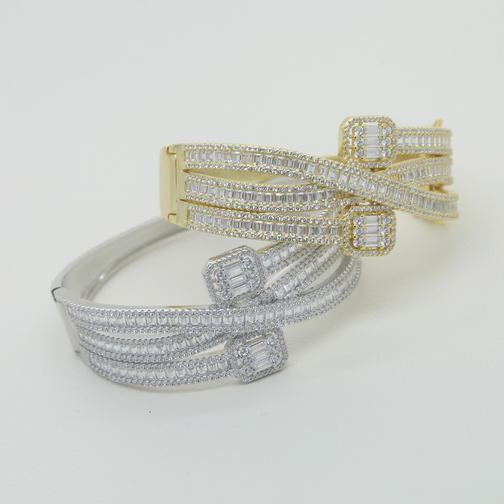 Iced Out Sparking Baguette CZ Cubic Zirconia Bracelet Gold Sier Color Fashion Multi Layered Band Bracelets Bangles Jewelry