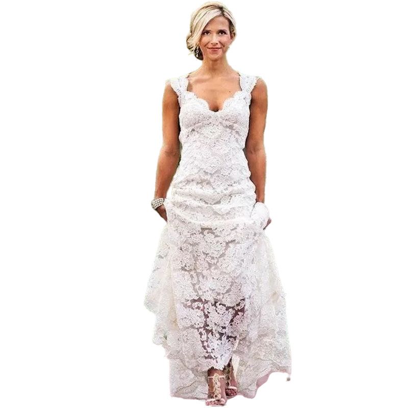 Country Style Full Lace Mermaid Wedding Dresses Boho Beach Bridal Gowns 2022 Vintage V Neck Open Back Sweep Train Bride Dress