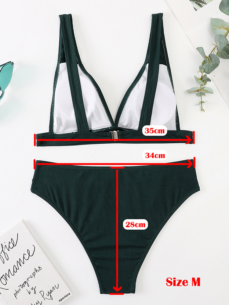 INGAGA Ribbed Bikini Women Swimsuit Waist Swimwear Sexy Vneck Biquini Set Solid Bathing Suits High Cut Beachwear 220620
