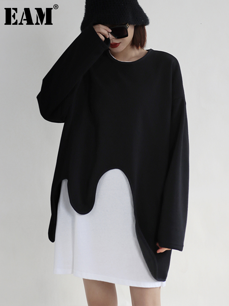 Women's Hoodies Sweatshirts EAM Loose Fit black irregular Sweatshirt Round Neck Long Sleeve Women Big Size Fashion Spring Autumn 2023 1DF0420 230