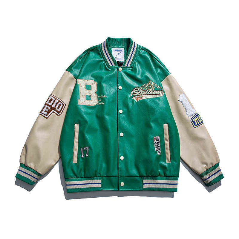 Varsity Leather Mens PU Baseball Jacket Men Women Vintage Embroidery Letter Patchwork College Coats Hip Hop Bomber Coat Unisex T2