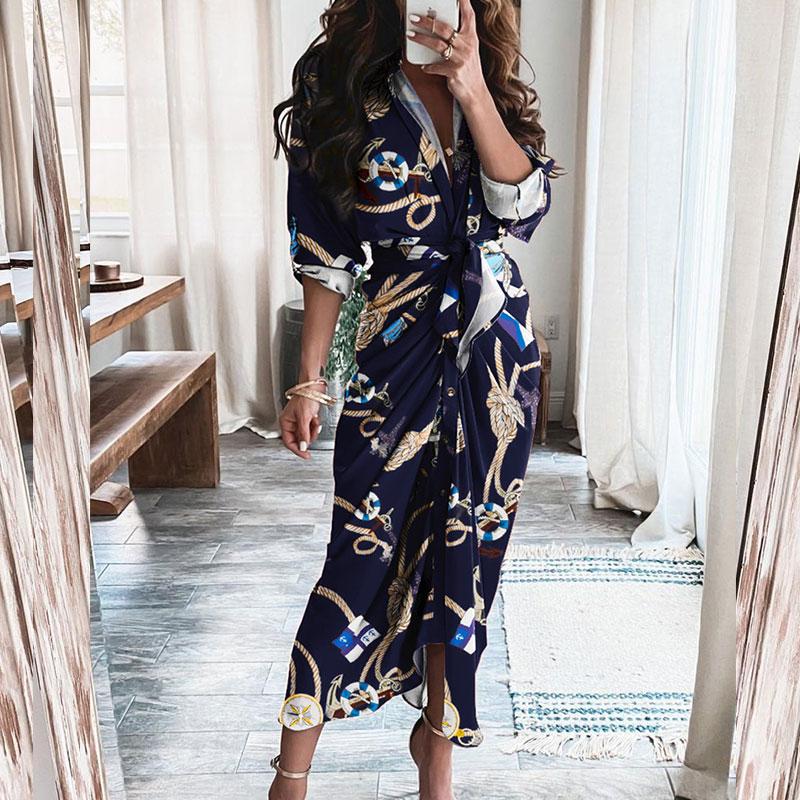 Casual Dresses 2022 Summer Women Fashion Long Sleeve V Neck Drawstring Maxi Dress Leaf Pattern Print Tied Detail Ruched Shirt