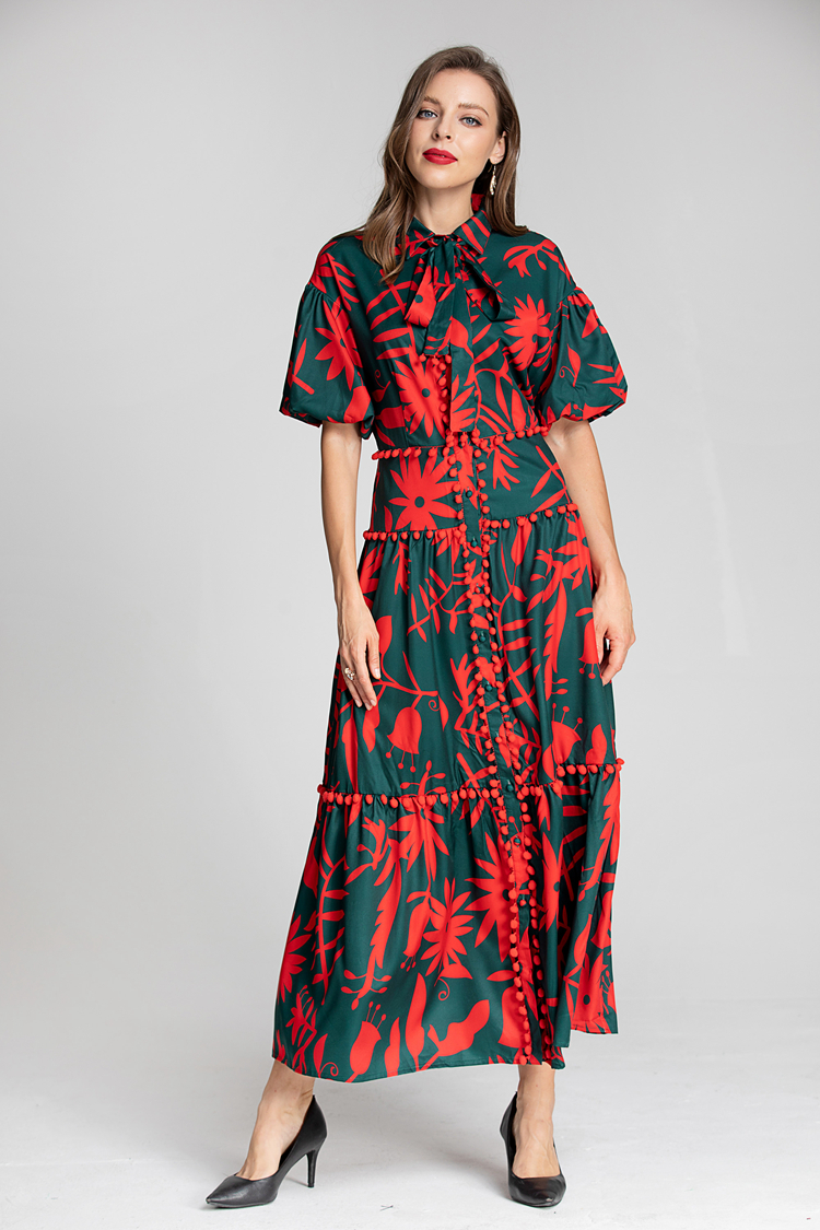 Women's Runway Dresses Turn Down Collar Short Sleeves Printed High Street Fashion Dress Vestidos