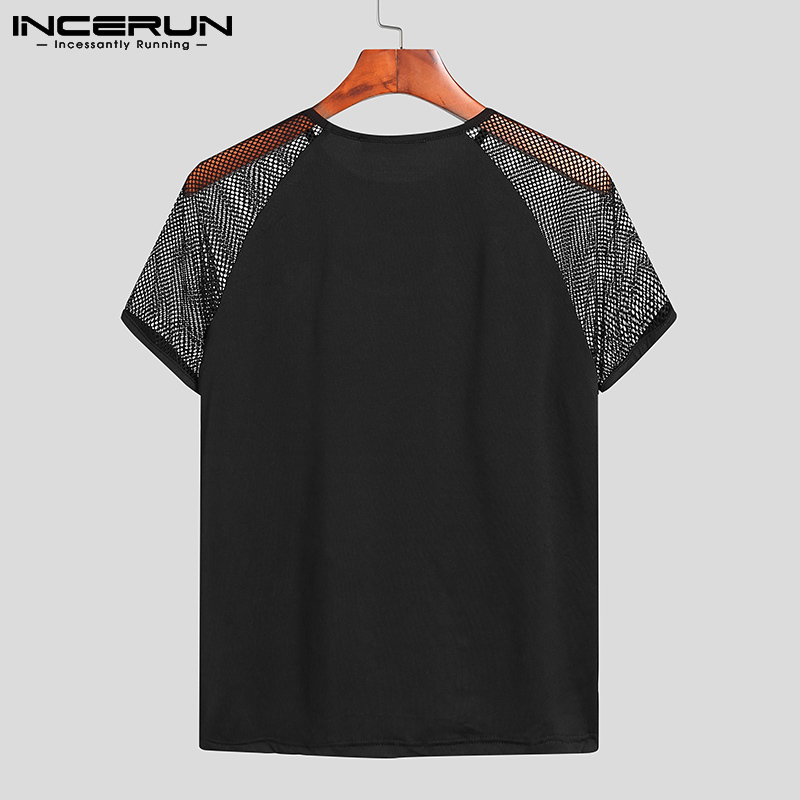 Fashion Men T Shirt Mesh Patchwork Streetwear Crew Neck Short Sleeve Casual Tee Tops Sexy Breathable Camisetas 5XL INCERUN D220611