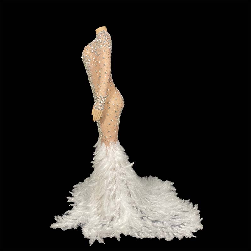 Sparkly Big Rhinestone Prom Dresses with feather Transparent Long Sleeve Birthday Celebrate Luxurious Costume Dancer Flashing evening gown