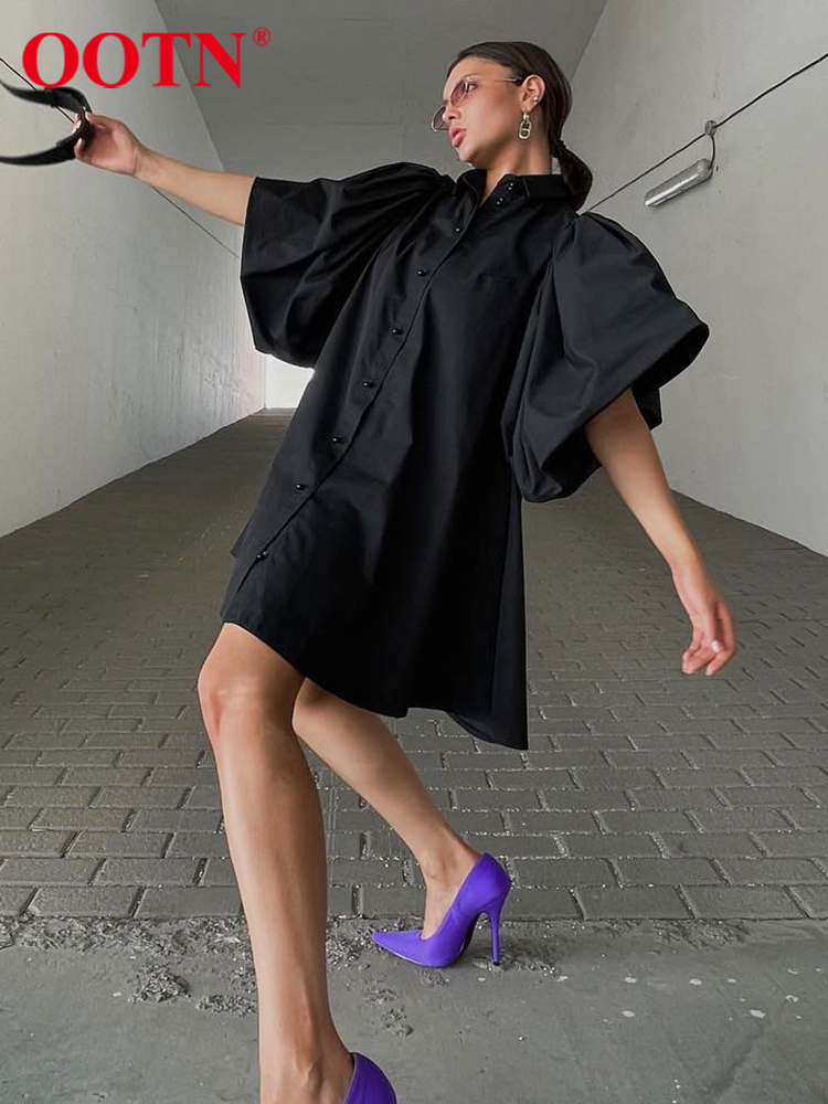 OOTN Oversized Chic Party Shirt Dress Women Petal Sleeve A-Line Lapel Pure Cotton Summer Mini Dress Loose Office Elegant Dress 220511