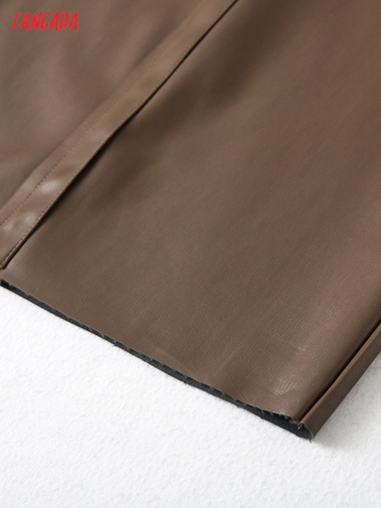 Tangada Women Brown Faux Leather Midi Skirt Vintage Back Zipper Ladies Chic Mid Calf Skirts YU184 220322