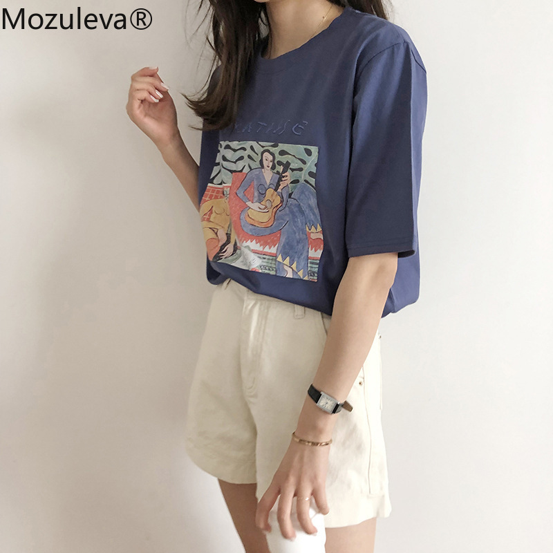 Mozuleva Style Gitar Print Women T-shirt Short Sleeve Loose Cotton Female Basic Tops Shirt Spring Summer Ladies Tees 220328