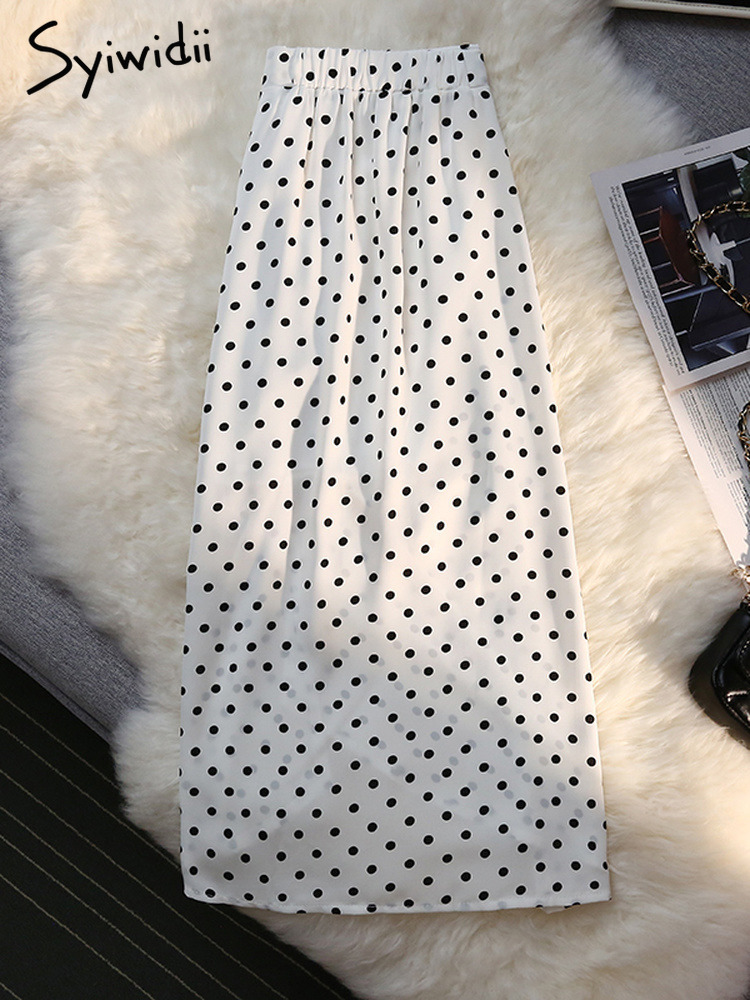 Syiwidii Shirring Side Slit Womens Skirts Polka Dot Print White High Waist Back Elastic Band Elegant Ladies Midi Long Skirt 220701
