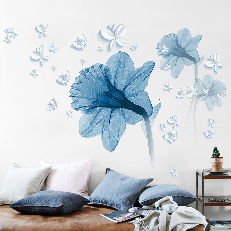 Large Nordic Art Blue Flowers Living Room Decoration Vinyl Wall Stickers DIY Home Decor Modern Bedroom Wall Posters