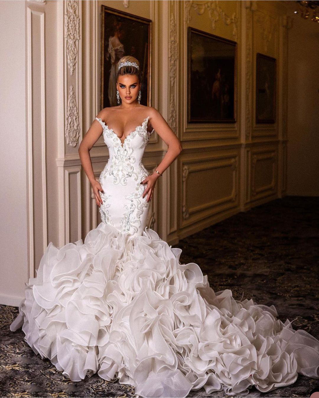 Luxury Mermaid Wedding Dresses V Neck Off Shoulder Beads Lace Cascading Ruffles Sexy Bride Dress Wedding Gowns Custom Made