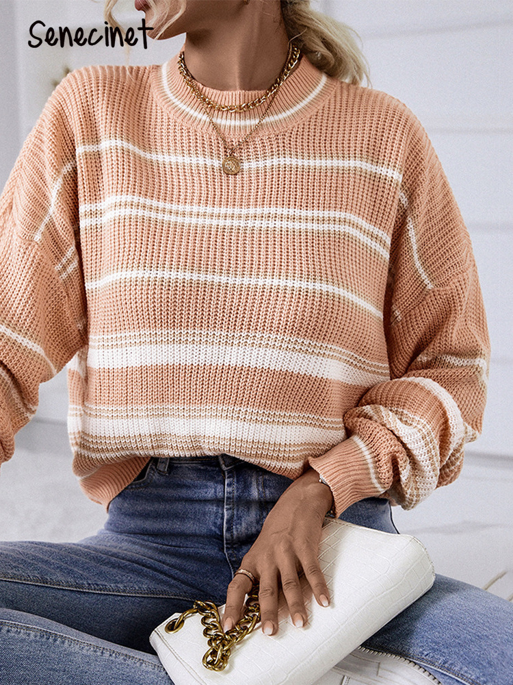 Senecinet Casual Knit Pullover Women Autumn Winter Fashion Long Sleeve Top Gentle Solid O Neck Ladies Loose Stripe Sweater W220817