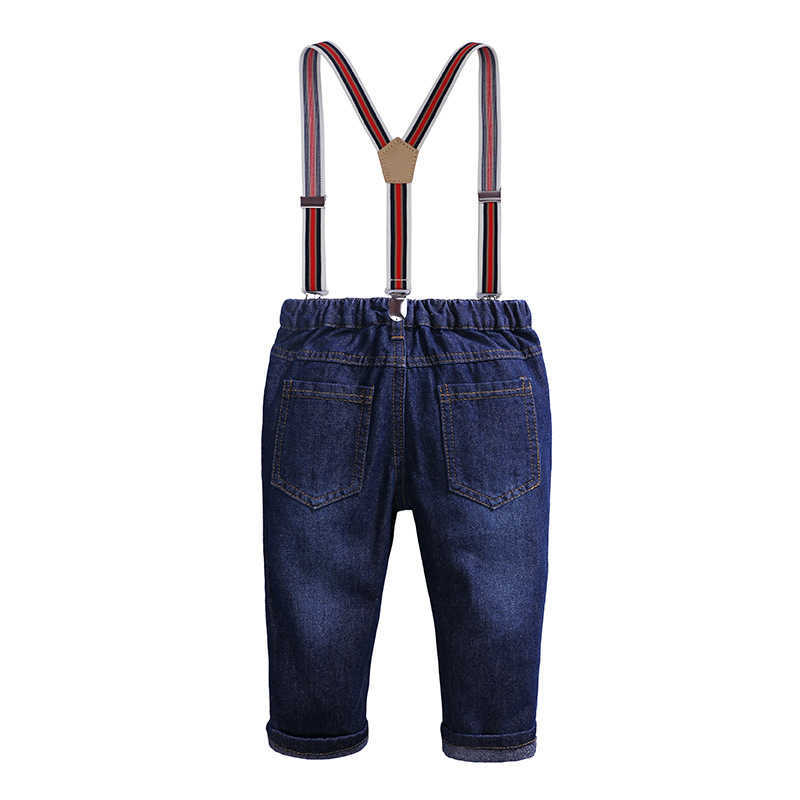 Clothing Autumn Set Boys Gentleman Suit Kids Long Sleeve Bow Tie Plaid Shirt Straps Jeans Pant Children Outfits45pu