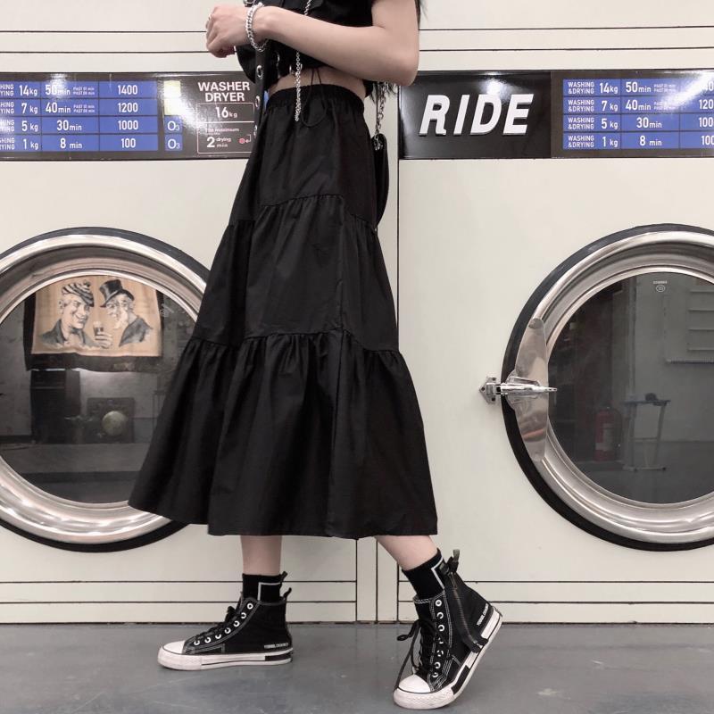 HOUZHOU Gothic Long Skirt Black Goth High Waisted Patchwork Midi Skirt Summer Japanese Style Harajuku Punk Streetwear 220322