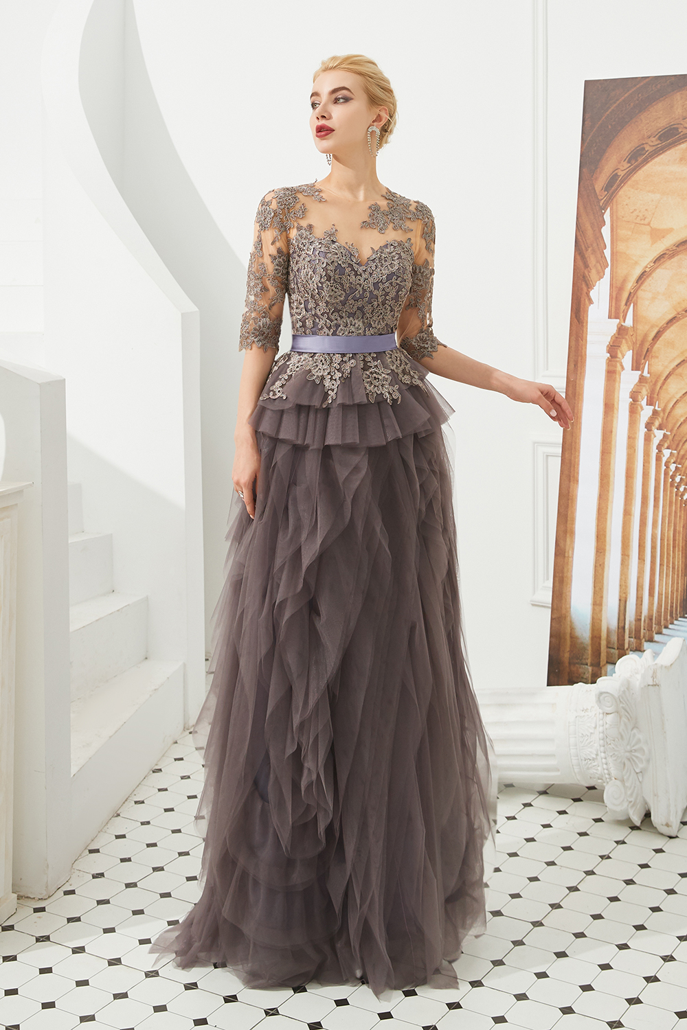 Elegant Mother Of The Bride Dresses Appliques Mid Sleeve Jewel Neck Pottrait A Line Wedding Guest Dress Floor Length Lace Mother Of Groom Gowns